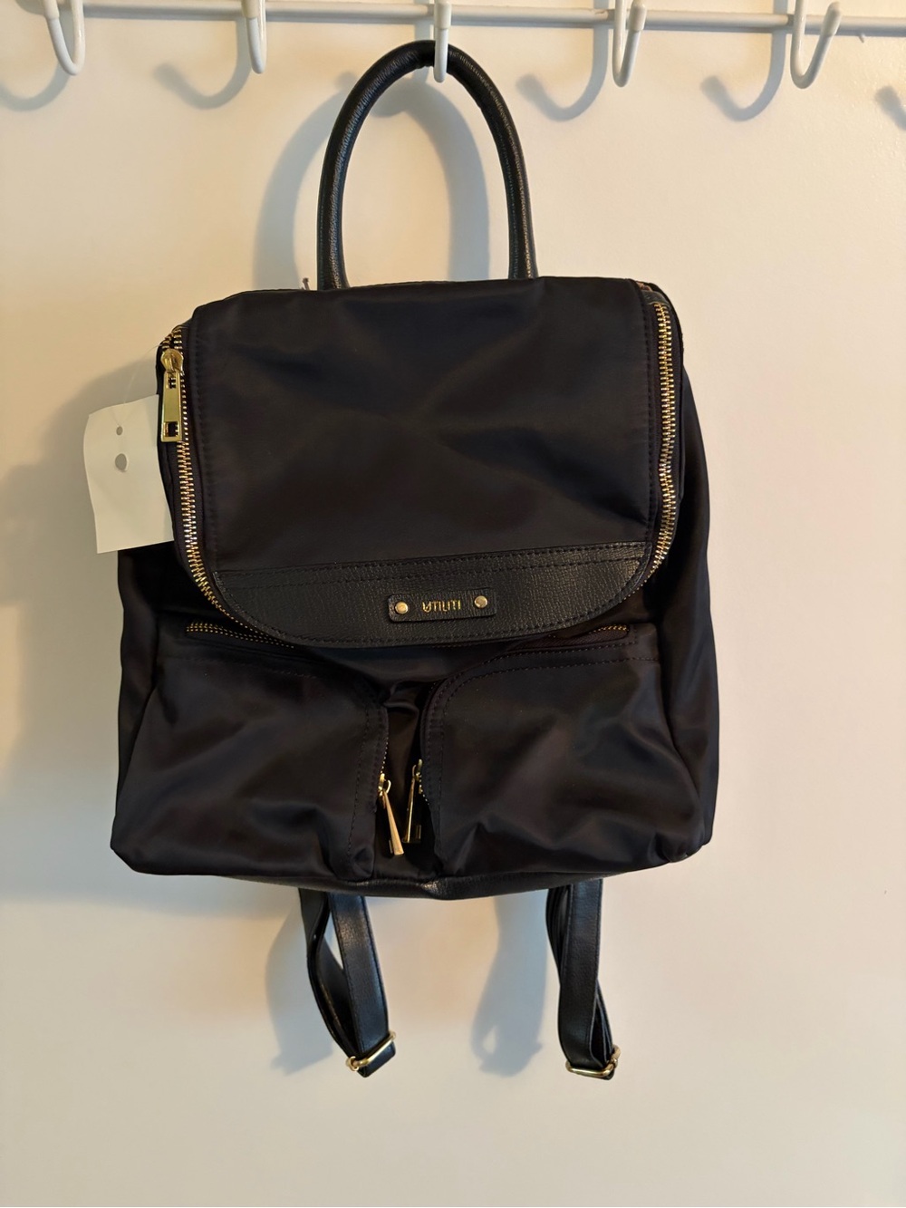 Black Nylon Backpack with Gold Hardware